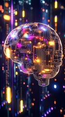 Sleek and Futuristic Machine Learning Icon Adorned with Intricate Circuit Patterns and Vibrant Lights in a Dark Digital Environment