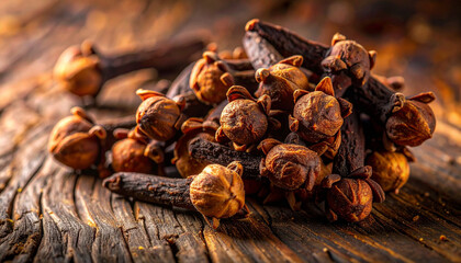 Aromatic Spice: Close-Up of Dried Cloves on Rustic Wood