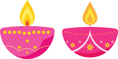 Colorful Diwali oil lamps with burning flame. 