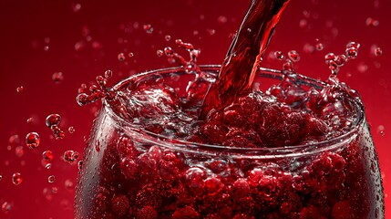 Red liquid pouring into a glass, creating a splash against a red backdrop, for refreshing drinks
