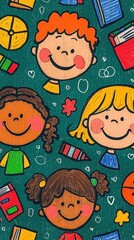 Colorful Chalkboard Background with Hand-Drawn Doodles of Happy Children and School Supplies