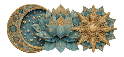 Decorative celestial elements featuring moon, lotus flower, and sun design