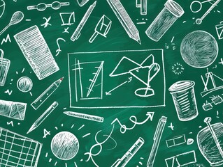 Vibrant Green Chalkboard Adorned with Creative Doodle Icons Showcasing Educational Elements for Learning and Inspiration