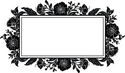 Rectangular frame embellished with intricate dark floral elements for elegant designs silhouette flat design vector illustration white background