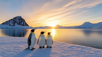 Majestic penguins standing on snowy landscape at sunset, creating serene atmosphere