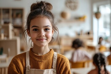 Confident Multiracial Girl Smiling in Cozy Environment with Creative Background and Bright Atmosphere