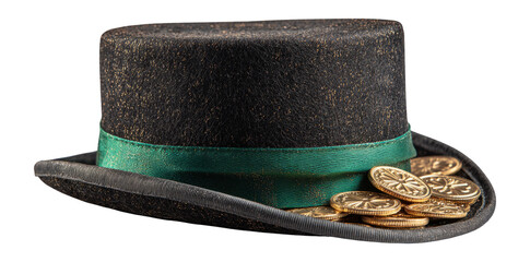 Black Top Hat with Green Ribbon and Stacked Gold Coins on Transparent Background