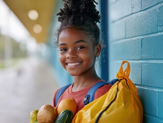 Young Schoolgirl Unwraps Colorful Lunchbox Full of Fresh Fruits Outside Her School