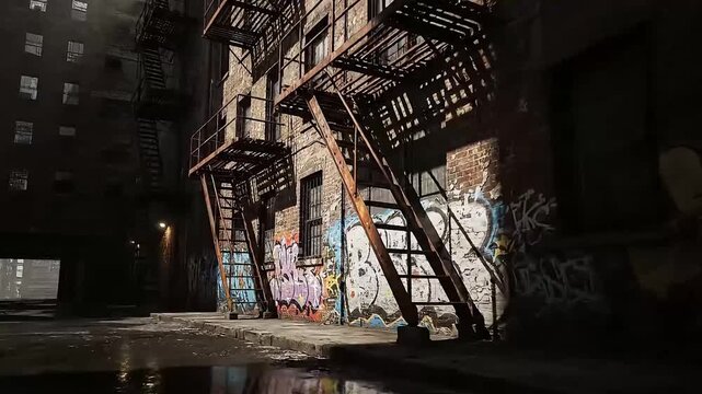 Nighttime urban alley scene featuring a brick building adorned with vibrant graffiti and weathered fire escapes Moody city backdrop with wet ground reflections