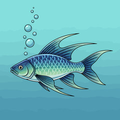Fototapeta premium A detailed illustration of a blue and green fish swimming in clear blue water with bubbles rising.