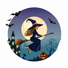 Friendly witch flying on a broomstick over a spooky castle and pumpkin on a full moon Halloween night, with bats soaring in the mystical twilight sky
