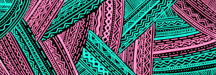 The background is filled with an ornament. Pink and turquoise colors on black. Geometric ornament of lines, zigzags, waves, dots, dotted. Colors alternate. Marker drawing. Horizontal. Ethnic ornament.