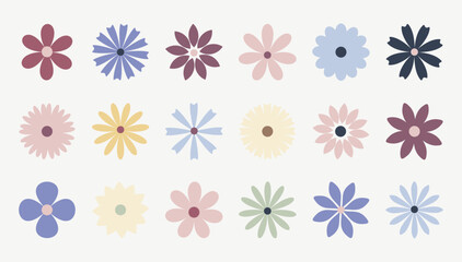 A set of flower icons in trending colors. Multicolored daisies isolated on a light background, flat design, vector. Blooming Wild Abstract Floral Different Organic Botanical Elements for Decoration