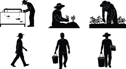 Agriculture silhouettes, farming activities, aquaculture, planting crops, harvesting produce, rural