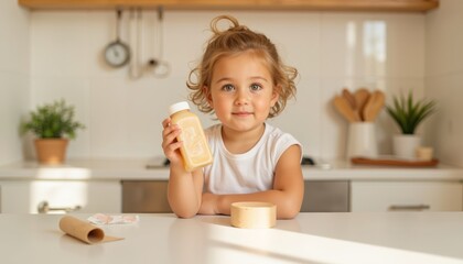 Toddler holding juice bottle while sitting at kitchen table  