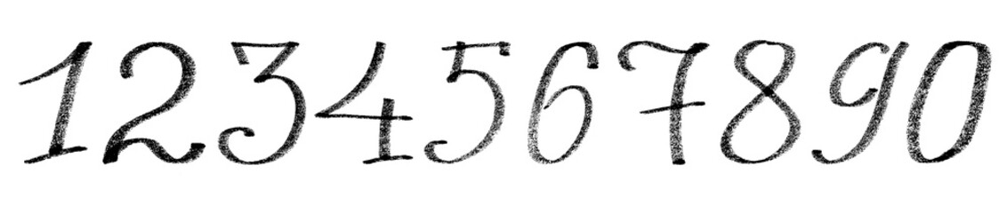 Lettering set of numbers. 1, 2, 3, 4, 5, 6, 7,8,9,0. Cursive font. Black color. Texture of white dots. Written with a marker, by hand. Different shapes. Written in a row. Isolated on white background.
