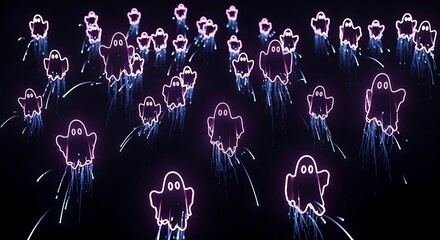 Halloween ghosts glowing neon spirits spooky dark background
