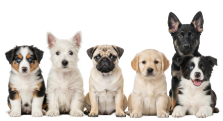 Six diverse, fluffy puppies on transparent studio background, bright, shadowless light, looking at camera. Concept of canine companionship and breed variety.