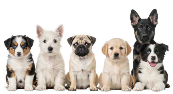 Six diverse, fluffy puppies on transparent studio background, bright, shadowless light, looking at camera. Concept of canine companionship and breed variety.