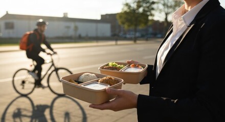 Businesswoman holding takeout containers, urban setting
