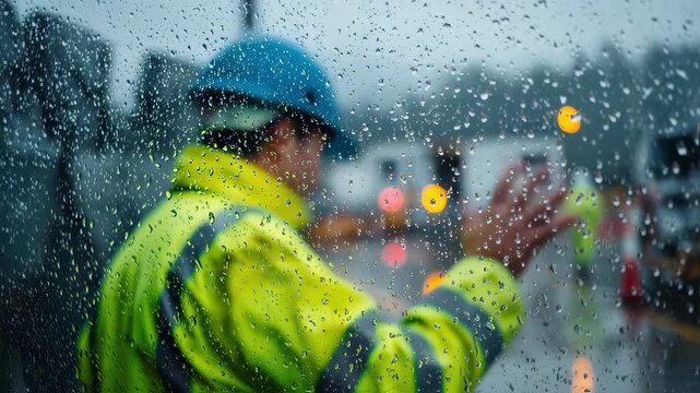 Medium shot showing a maintenance technician inspecting equipment outdoors in adverse weather foreground sharp with rainsoaked surfaces and background elements softly diffused