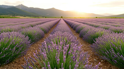 Obraz premium Lavender fields stretch across rolling hills, showcasing vibrant purple blooms golden sunset