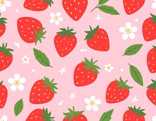 Strawberry Pattern with Flowers and Leaves.