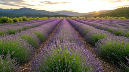 Fototapeta premium Lavender fields stretch across rolling hills, bathed warm sunset light, creating serene