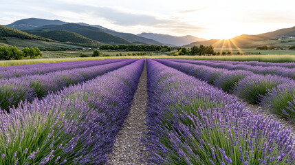 Fototapeta premium Lavender fields stretch across rolling hills, bathed in warm sunlight, creating serene landscape