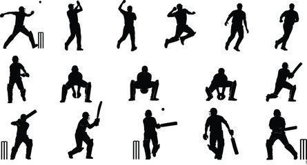 Silhouette, cricket, player, sport, action, bowling, batting, fielding, wicketkeeping, stumps, motion, vector, icon, black, minimal, dynamic, posture, performance, team, illustration