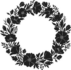 Elegant black floral wreath design for invitations and decorative projects silhouette flat design vector illustration white background