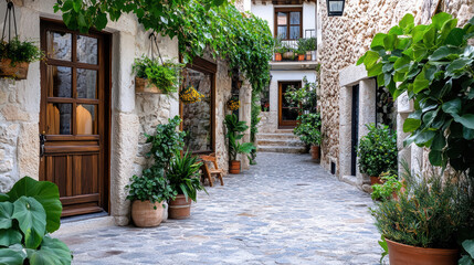 Charming rustic street with stone pathway, lush greenery, and vintage decor creates serene