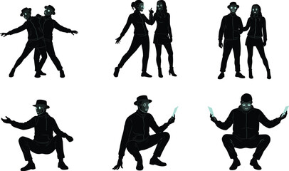 Naklejka premium Stylized humanoid silhouettes, glowing eyes, cyberpunk characters, futuristic poses, mysterious