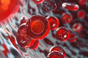 Photorealistic microscopic view of red blood cells with a single white cell