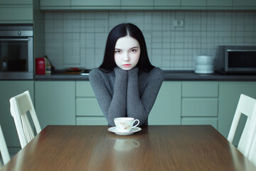 Lifestyle background with young woman drinking coffee in the kitchen.