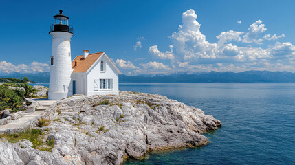 Scenic lighthouse on rocky coast with clear blue sky and calm water, creating serene atmosphere