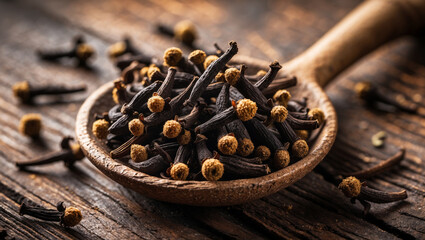 Obraz premium Aromatic Cloves in Wooden Spoon: Spice Still Life
