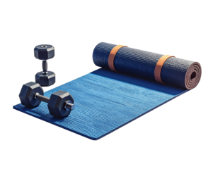 Yoga mat for fitness exercise and dumpbells isolated on white background. Fitness mat - 3d rendering.