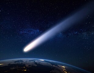 Comet streaks across night sky, over Earth's city lights