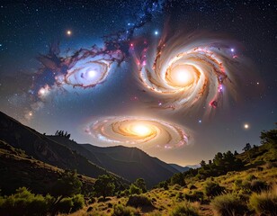 Starry night landscape w/ three spiral galaxies