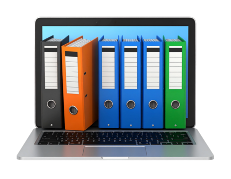 Ring binders, file folders inside the screen of laptop isolated on white. 3d render