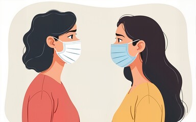 Illustration of two young women talking wearing a medical face mask. Vector. High quality
