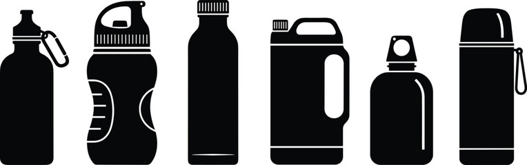 Silhouette, water bottle, container, drinkware, beverage, sport, thermos, spray, jug, screw cap, vector, icon, black, minimal, hydration, design, outline, grip, nozzle, illustration