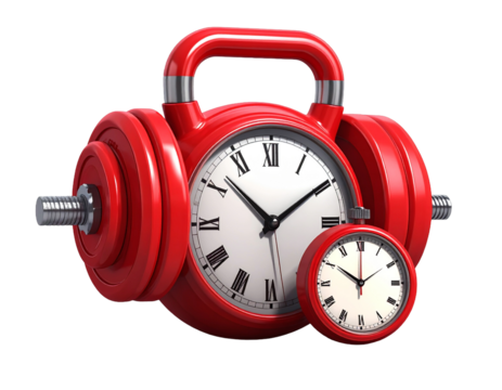red alarm clock isolated on white,
Red gym dumpbell with clock isolated on white - Time for gym concept. 3d rendering