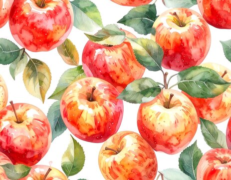 Watercolor Apples with Leaves Pattern.