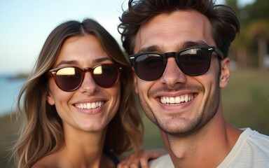 young man and woman in sunglasses. High quality