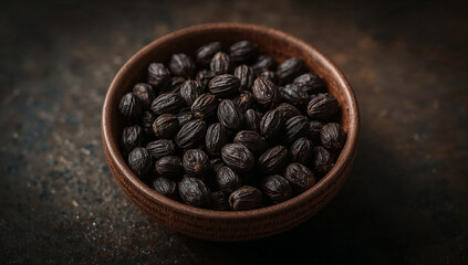 Fototapeta premium Roasted Coffee Beans in Wooden Bowl on Dark Background