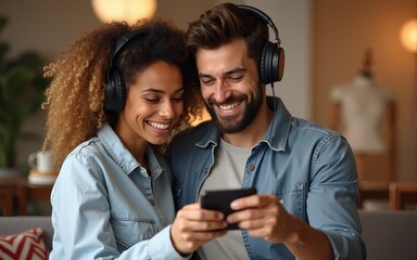Joyful happy woman and man play games on smartphone, challenge each other, browse net, use headphones for listening playlist, stand closely to each other. Relationship and technology concept