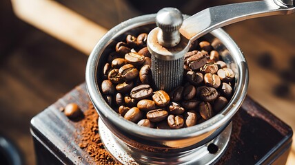Close-up of coffee beans in a vintage grinder ready for fresh brewing