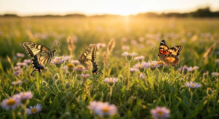 Butterflies flit among wildflowers at sunset